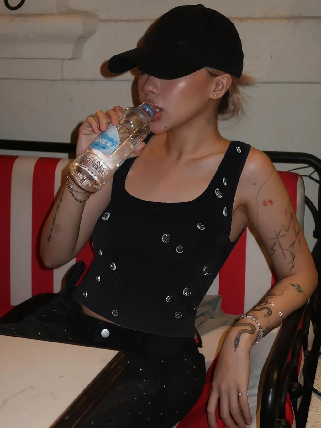 Dulzura Ribbed Sleeveless Crop Tank With Water Droplets Diamond Decorate Sexy Elegant Top Party Club Streetwear Spring Summer