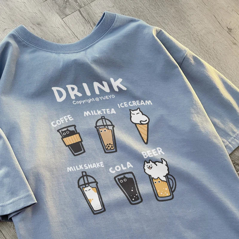 Women's Korean Drink Cat Letter Print Loose Short Sleeve T-Shirt Summer Soft Comfort Shirt