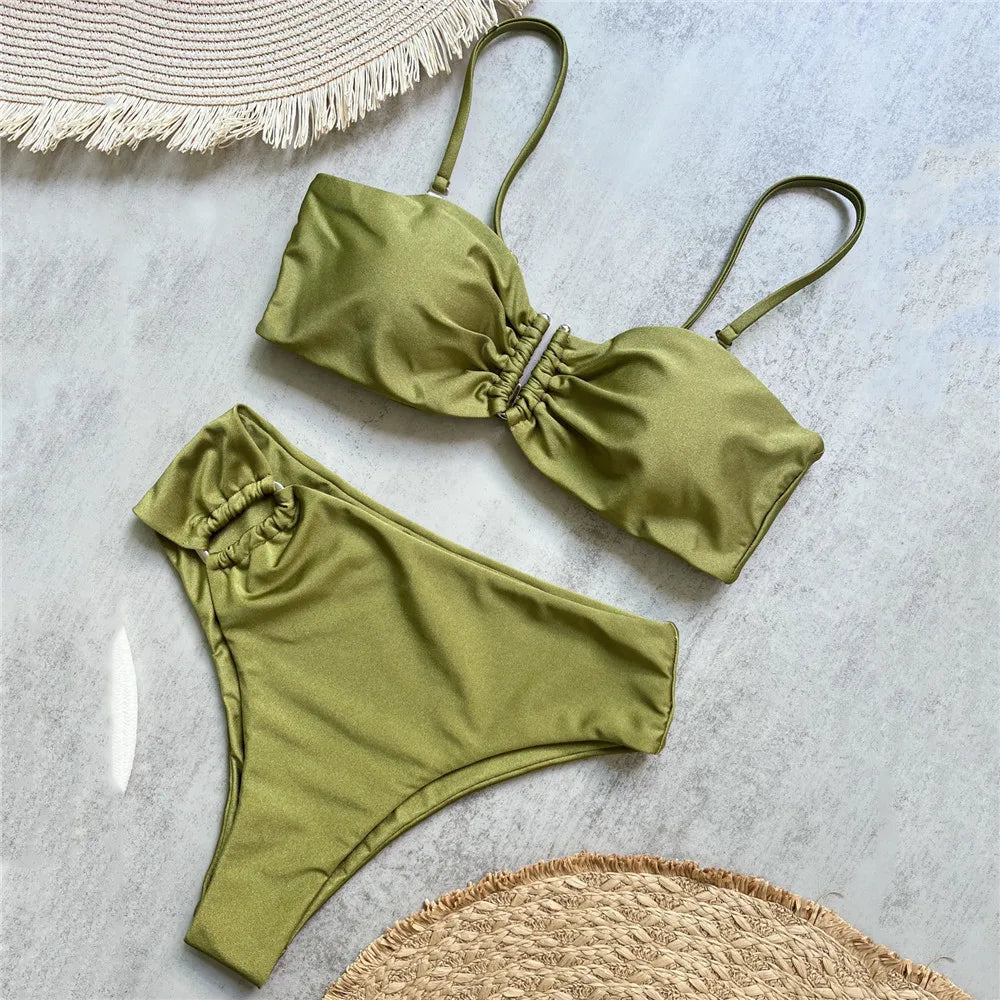 Green Shiny Solid Swimwears Bandeau U Shaped Bikini High Waist Sexy Swimsuit Woman 2025 Wrinkled Bather Brazilian Bikini Mujer
