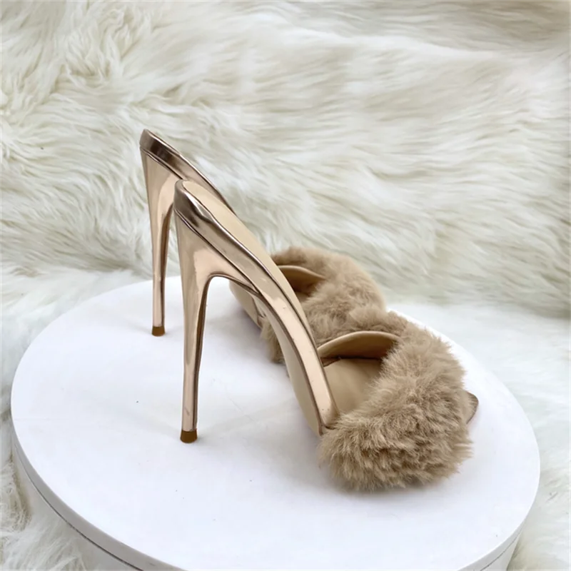 Super High Heels Summer Women Slippers Fur pointed toes Slip On Slides high heels 12cm sexy women sandals 33-4512cm