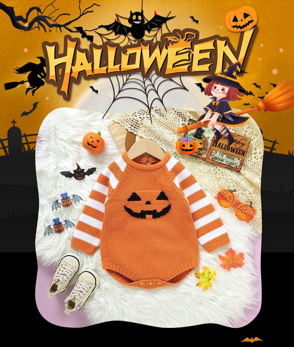 Halloween Baby Bodysuits Pumpkin Knit Newborn Boys Girls O Neck Long Sleeve Onesie Jumpsuits 0-18m Infant Toddler Winter Outfits
