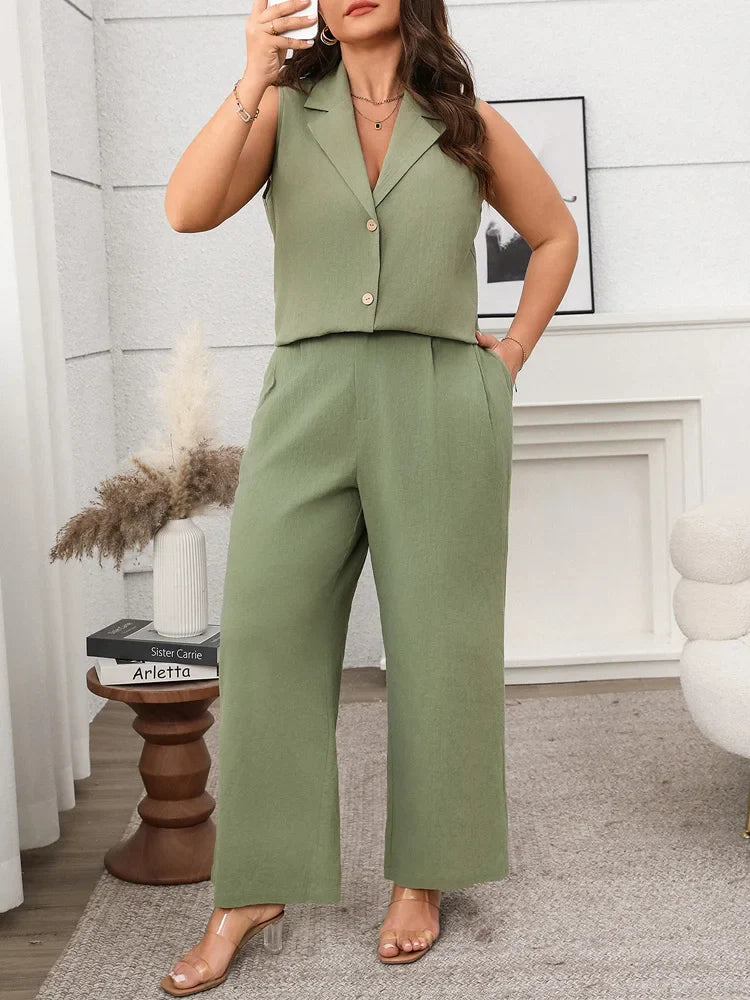 GIBSIE Plus Size Two Piece Set For Women Solid Notched Neck Sleeveless Vest And Wide Leg Pants 2025 Summer Office Ladies Suit