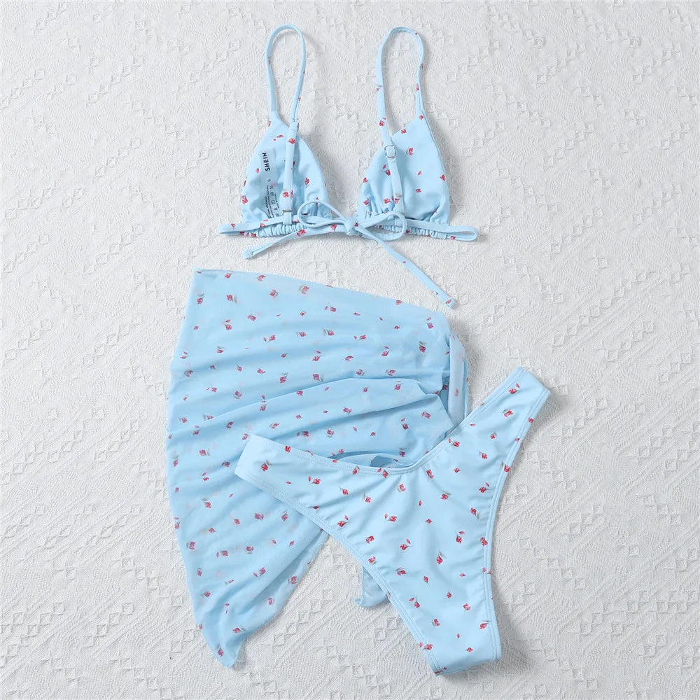 Yellow Floral Print Swimwear Mesh Cove Ups 3 Piece Bikini Set Damen Sexy Swimsuit Women 2025 Beach Wear Bikinis Swimming Wear