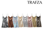TRAF Women's Metallic Colour Glitter Dress Sexy Backless Sleeveless Spaghetti Strap Dresses Party Bar Sleeveless Short Dresses