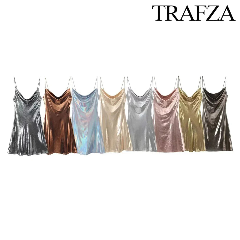 TRAF Women's Metallic Colour Glitter Dress Sexy Backless Sleeveless Spaghetti Strap Dresses Party Bar Sleeveless Short Dresses