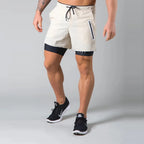 Double-deck fitness sports shorts men summer quick drying breathable woven Shorts Men's 2 IN 1training Gyms clothing