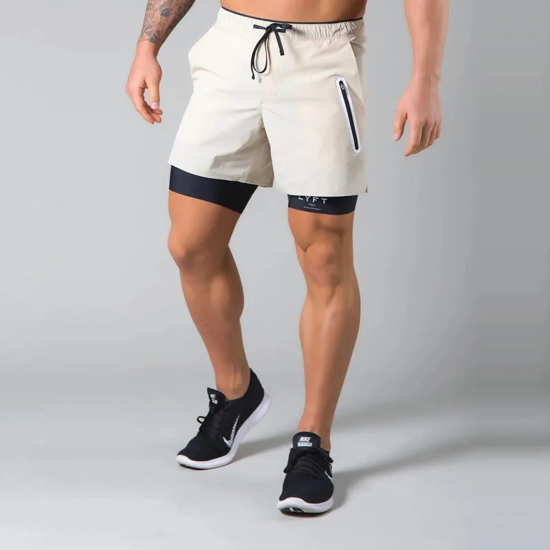 Double-deck fitness sports shorts men summer quick drying breathable woven Shorts Men's 2 IN 1training Gyms clothing