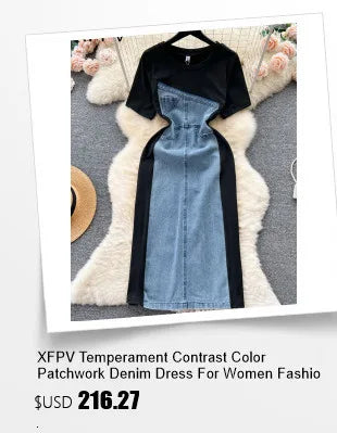 XFPV 2025 Summer Fashion Short Sleeve Round Neck High Waistband Slim A-line Denim Printed Patchwork Dress For Women SM11498