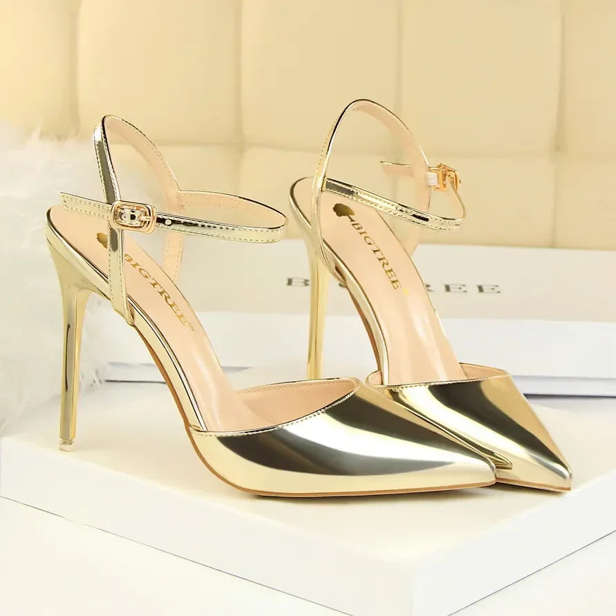 Women 10.5cm High Heels Sandals Lady Metallic Gold Silver Patent Leather Stripper Strap Sandles Wedding Fetish Nightclub Shoes