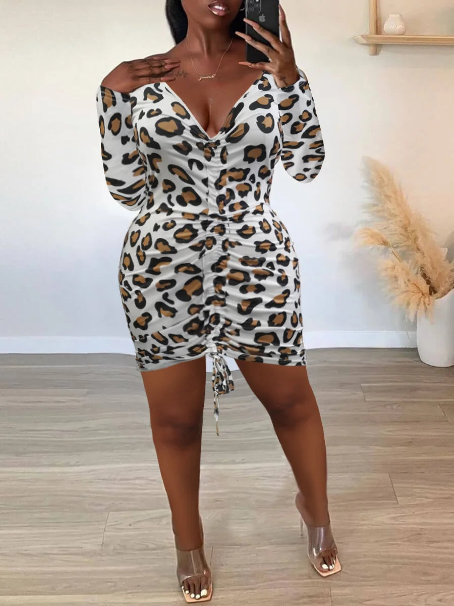 L-5XL LW Plus Size Elegant Off The Shoulder Leopard Print Mid Calf Dress Spring Summer Bateau Neck Ruched Bodycon Dresses