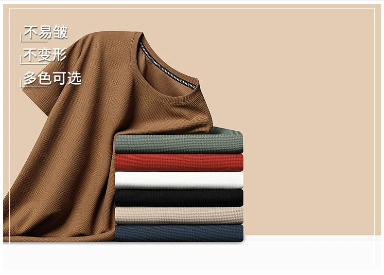 Men's New Summer Waffle round Neck Short Sleeve T-Shirt Comfortable Breathable Short-Sleeved Top for Casual Wear