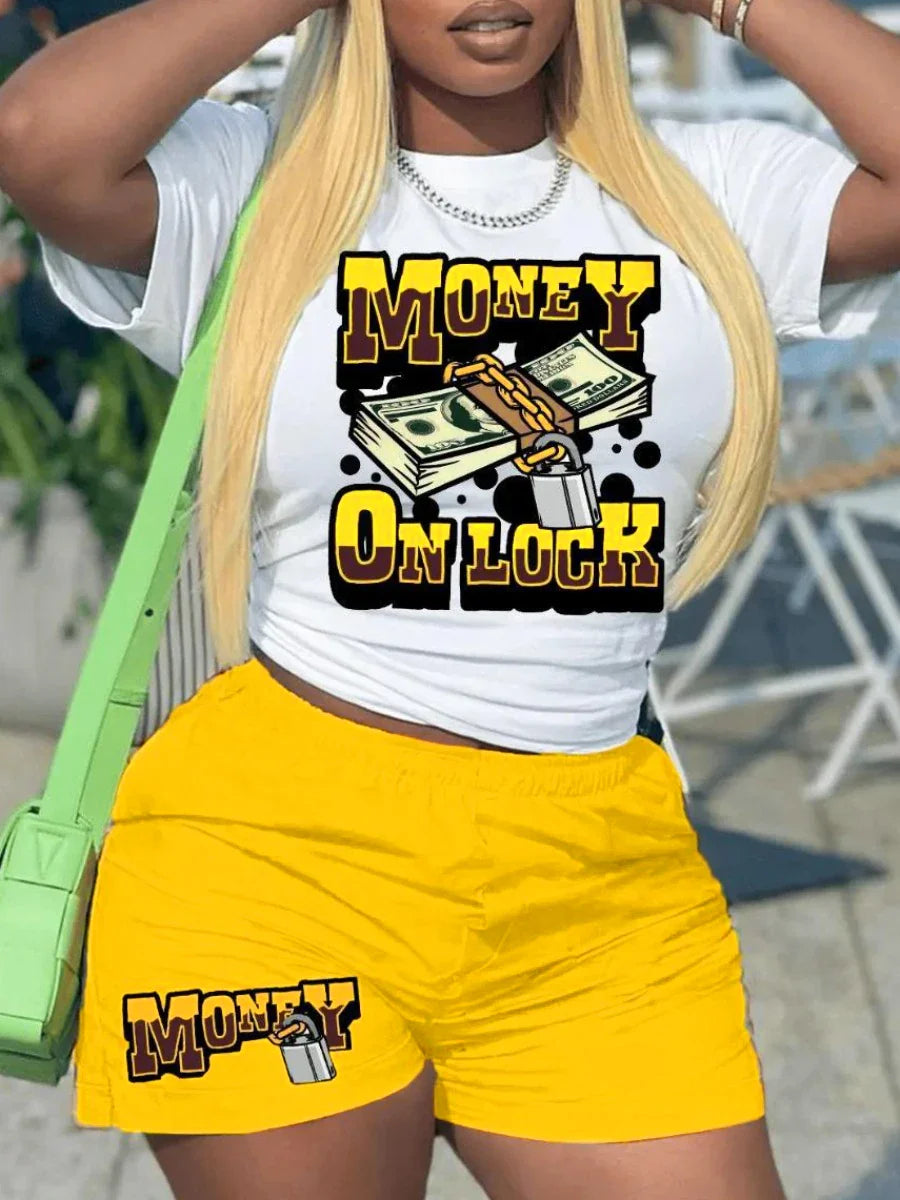 LW Plus Size Money Letter Print Shorts Set 2023 Women Round Neck Cartoon Two Pieces Street Short Sleeve Matching Suits