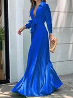 Autumn Winter Fashion V-neck Long Sleeve Elegant Blouse Print Lapel Top Women Solid Color Loose Casual Wide Leg Jumpsuit