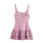 TRAFZA Women Fashion Square Collar Sleeveless Solid Mini Dress Female Summer Pleated Dress Chic High Street Slim Short Dress