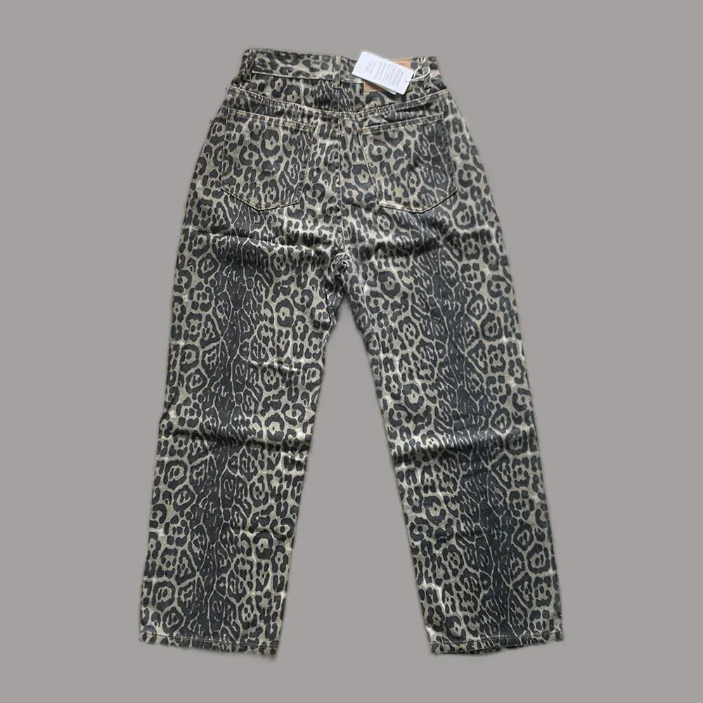 Women's Jeans Leopard High Waist Hip Hop Straight Fashion Pants Streetwear Harajuku Y2K Style Female Wide Leg Denim Trousers