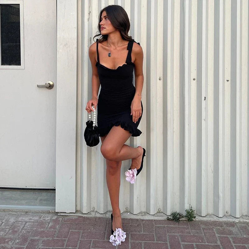 Hugcitar 2024 Elegant Solid Slips Ruffles Backless Bandage Patchwork Sexy Slim Mini Dress Women Outfits Birthday Party Vacation