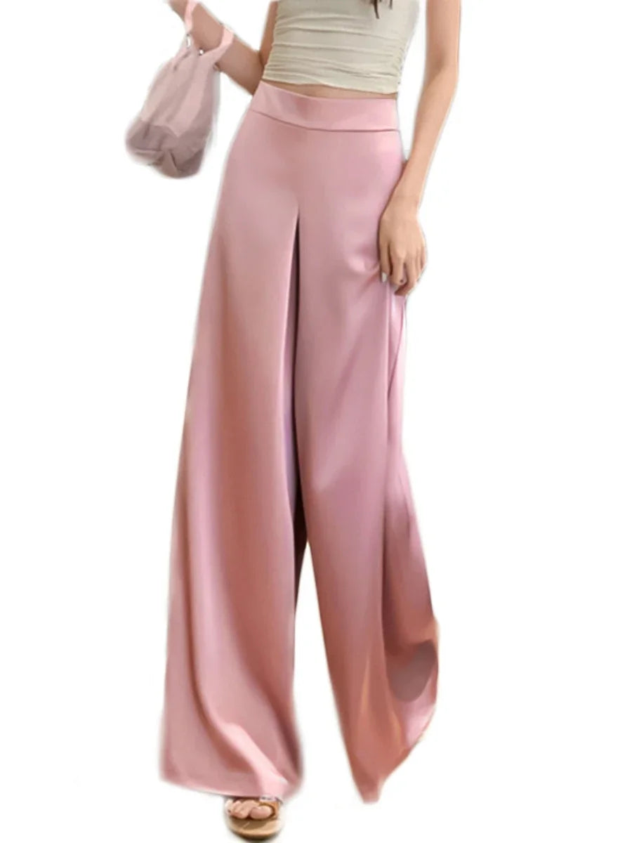 High-Grade Acetate Satin Wide-Leg Pants Women Spring Bell-Bottoms Pants Loose Casual Pants High Waist Oversized Long Pantalons