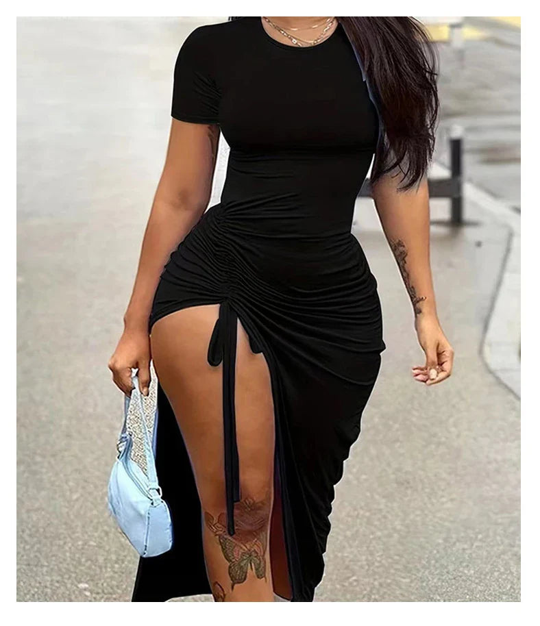 Women's fashion, sexy, slim fit, solid color pleated, split drawstring dress