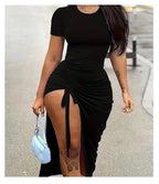 Women's fashion, sexy, slim fit, solid color pleated, split drawstring dress