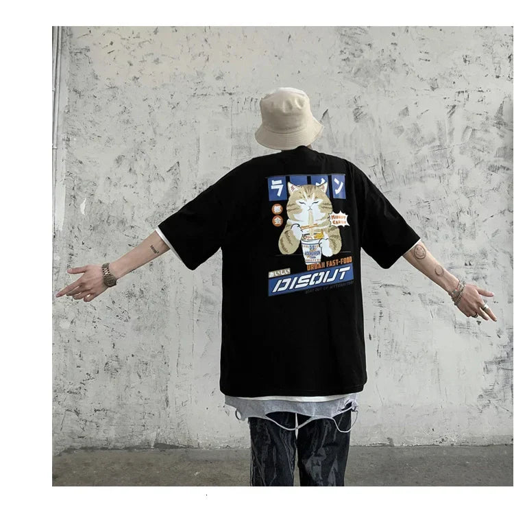 Harajuku Cat Cartoon Eating Noodles Graphic Men Women Tshirts Casual Short Sleeve Tees Japan Style Oversized T Shirt Clothing