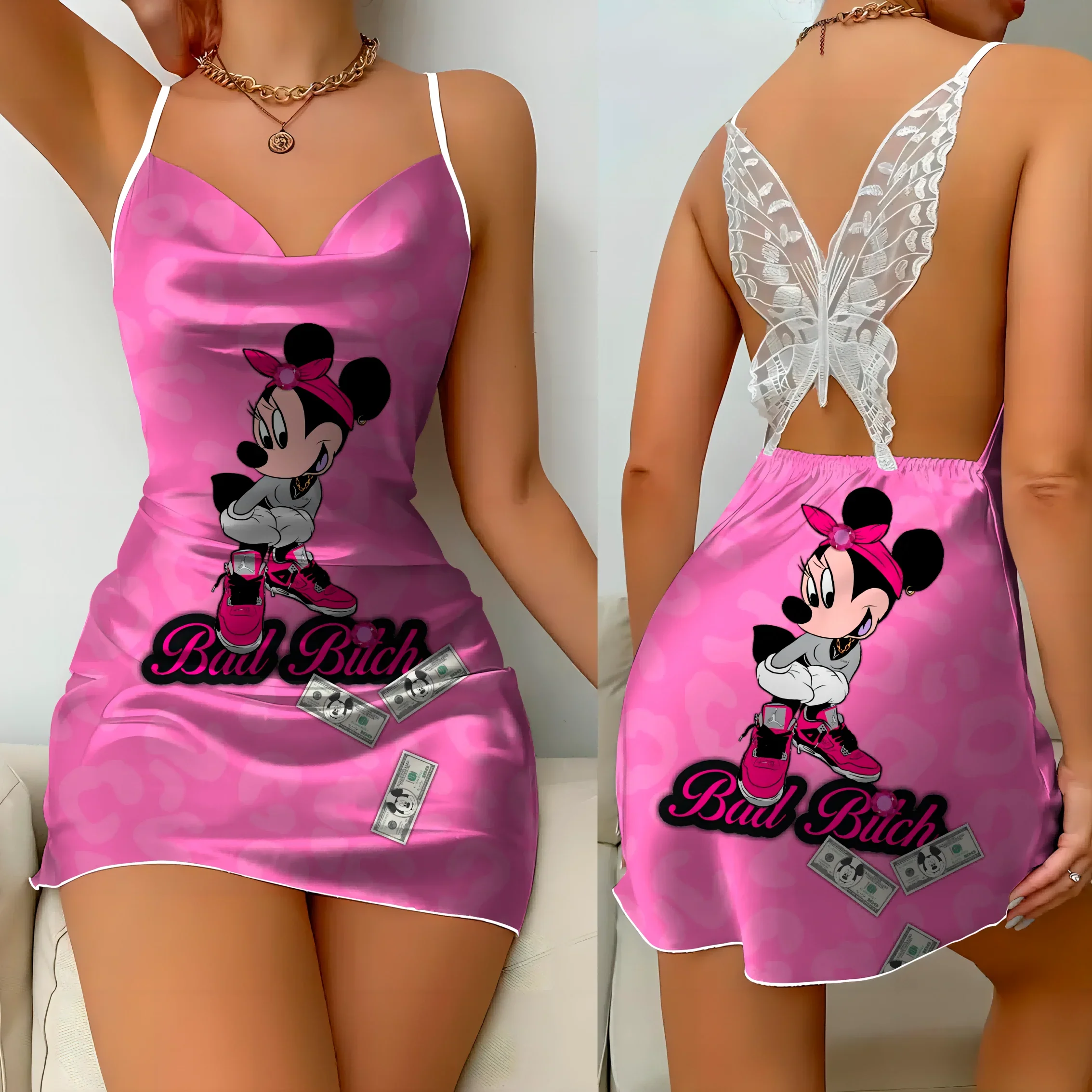 Mini Dress Pajama Skirt Bow Knot Party Dresses Satin Surface Minnie Mouse Mickey Womens Fashion Summer 2025 Elegant Women