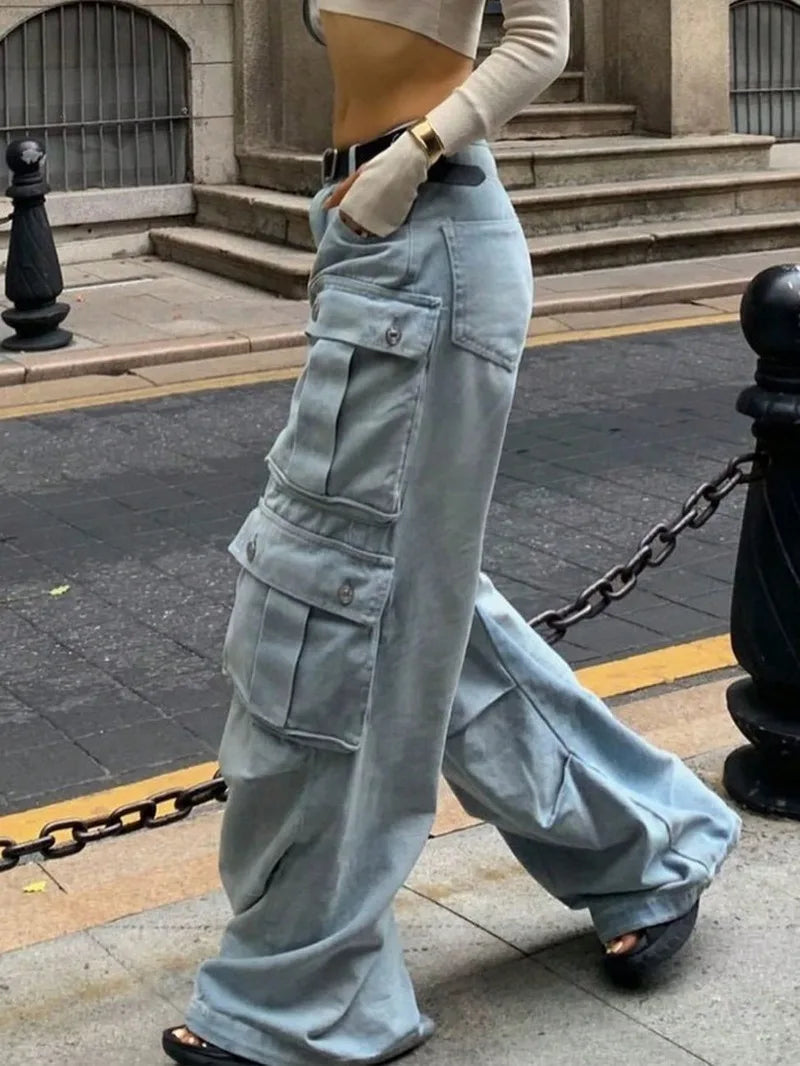 Women Harajuku Y2K Streetwear Jeans American Style Retro Multi-Pocket Straight Cargo Pants Trend Mid-waist Casual Blue Trousers