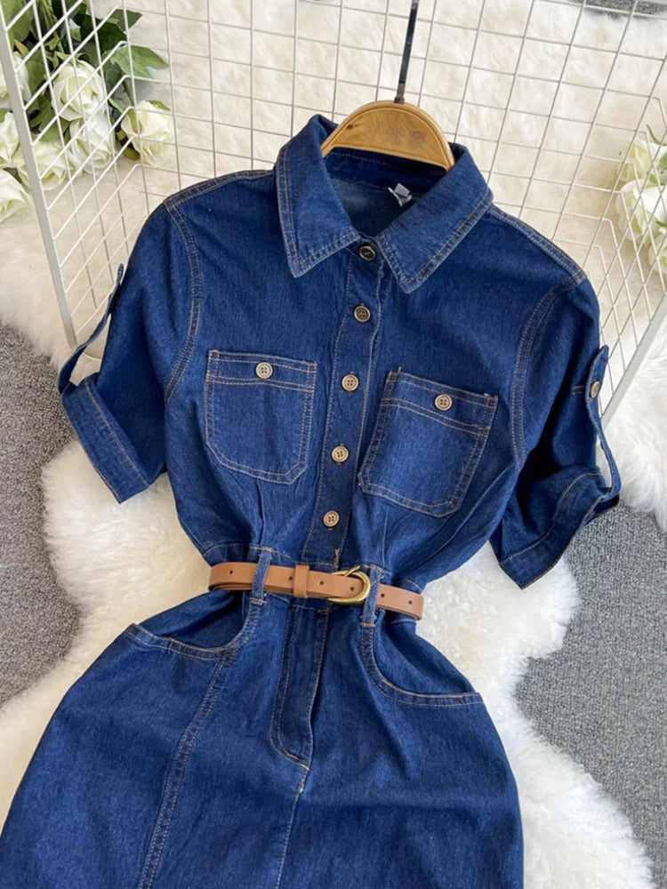 XFPV Women's Sweet Short Denim Dress For Women  Belt Slim Short Sleeved Vestidos Korean Fashion Spring Summer 2025 SM11153