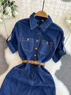XFPV Women's Sweet Short Denim Dress For Women  Belt Slim Short Sleeved Vestidos Korean Fashion Spring Summer 2025 SM11153