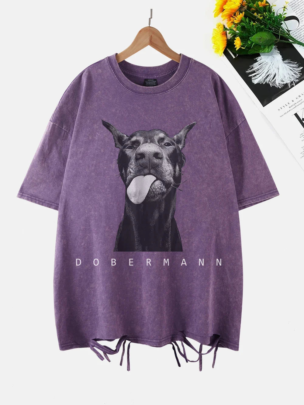 Fashion Creativity Doberman Prints Washed T-Shirt Women Cottontops Distressed O-Neck Oversize T Shirts Vintage Woman Clothes