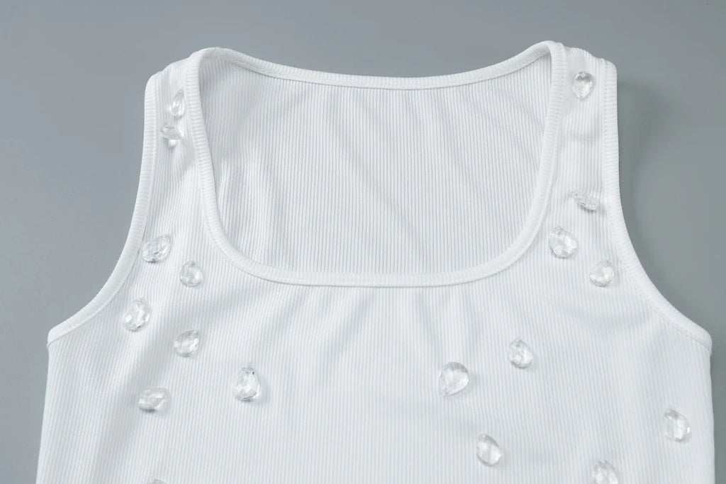 Dulzura Ribbed Sleeveless Crop Tank With Water Droplets Diamond Decorate Sexy Elegant Top Party Club Streetwear Spring Summer