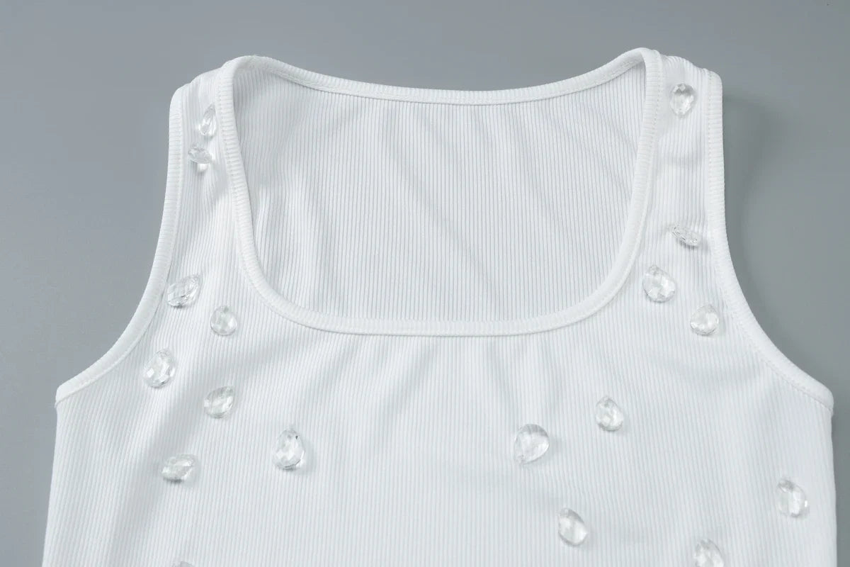 Dulzura Ribbed Sleeveless Crop Tank With Water Droplets Diamond Decorate Sexy Elegant Top Party Club Streetwear Spring Summer