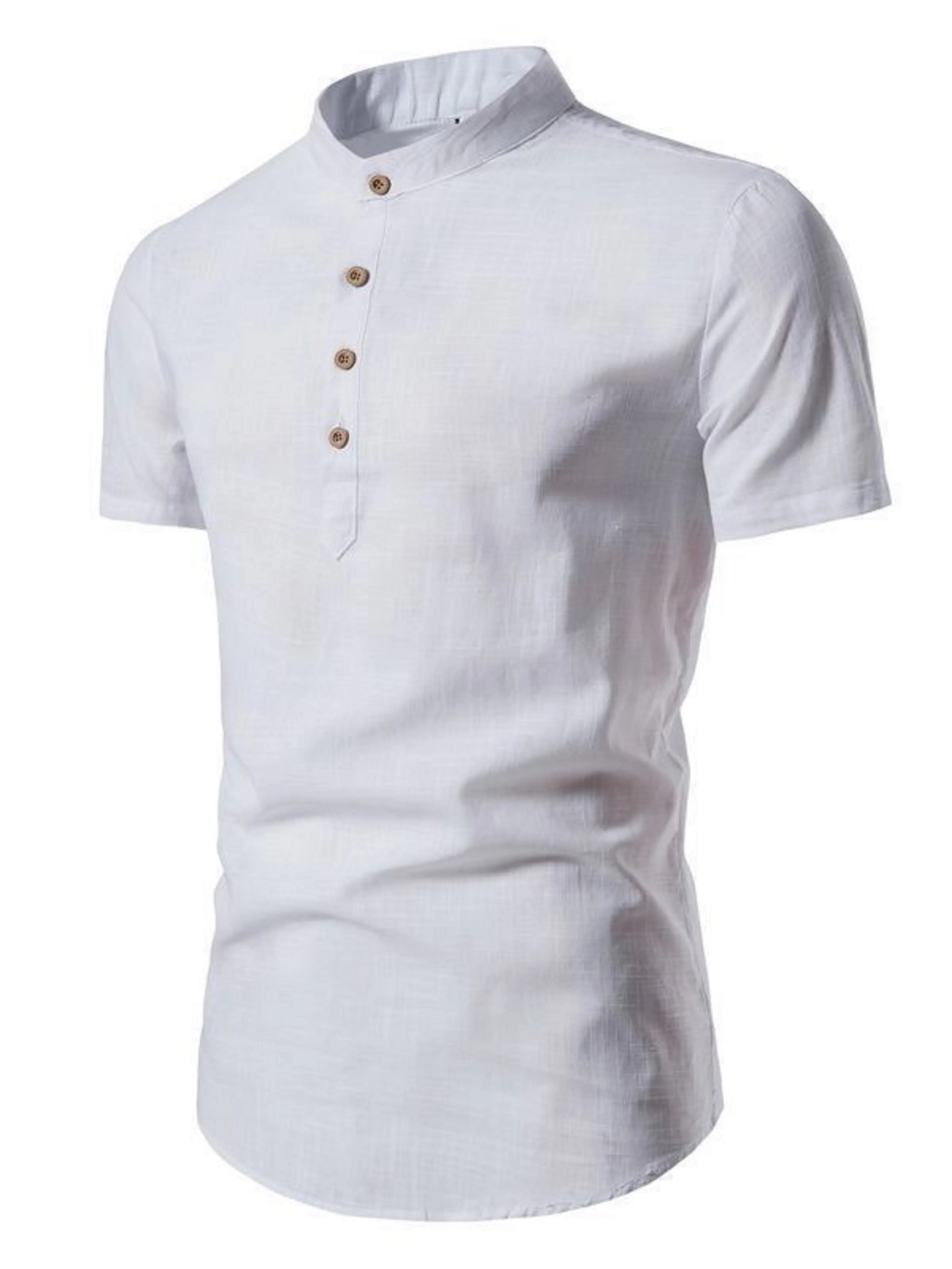 Fashionable short-sleeved cotton shirt with stand-up collar for summer outdoor activities. Men's solid color casual shirt