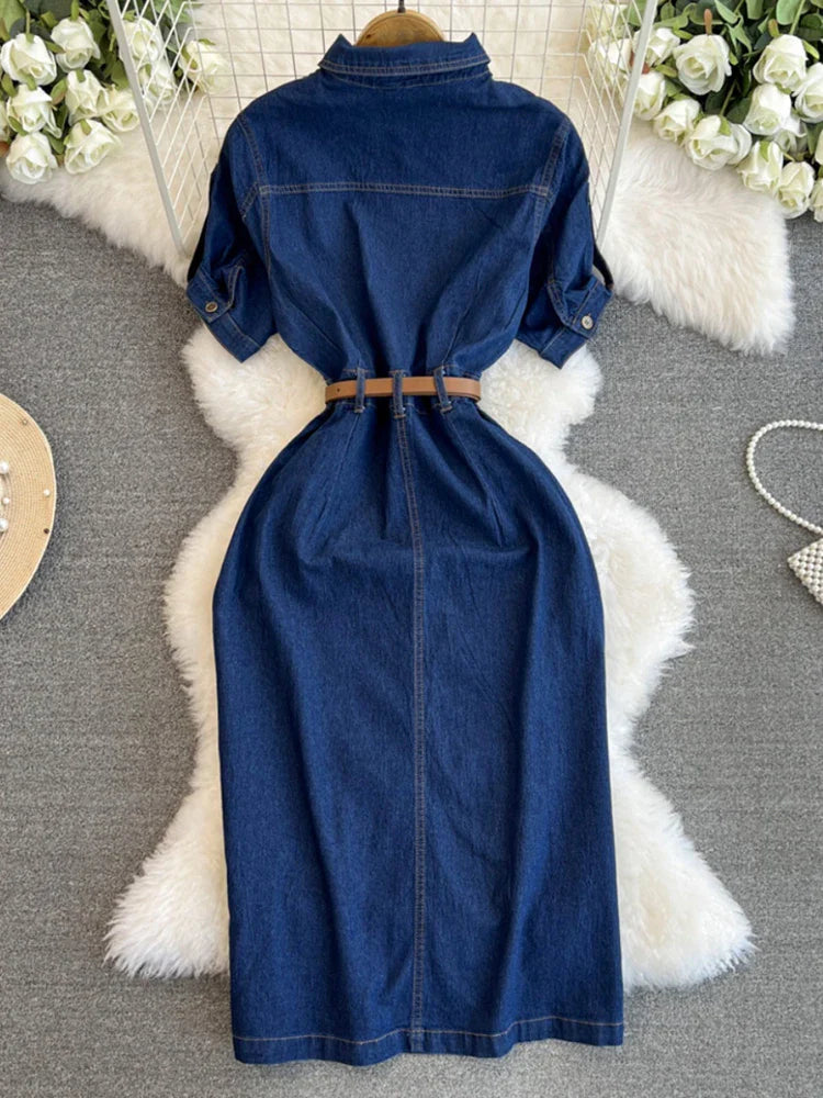 XFPV Women's Sweet Short Denim Dress For Women  Belt Slim Short Sleeved Vestidos Korean Fashion Spring Summer 2025 SM11153