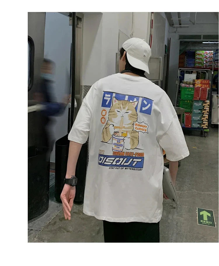 Harajuku Cat Cartoon Eating Noodles Graphic Men Women Tshirts Casual Short Sleeve Tees Japan Style Oversized T Shirt Clothing