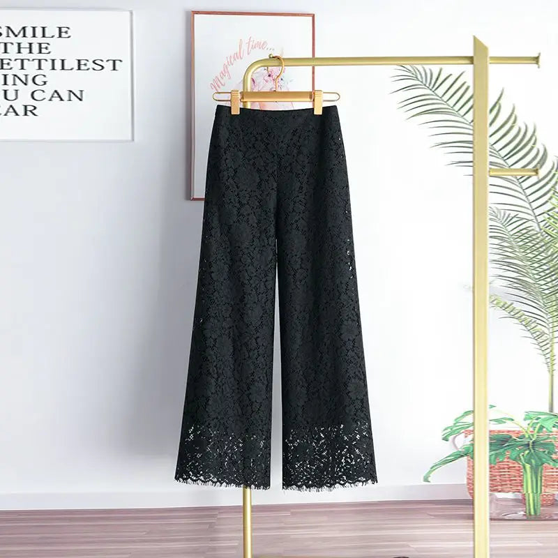 Lace Wide Leg Pants for Women 2025 New Bottoms Loose Straight Trousers High Waist Solid Color Temperament Summer Pantalon Femme