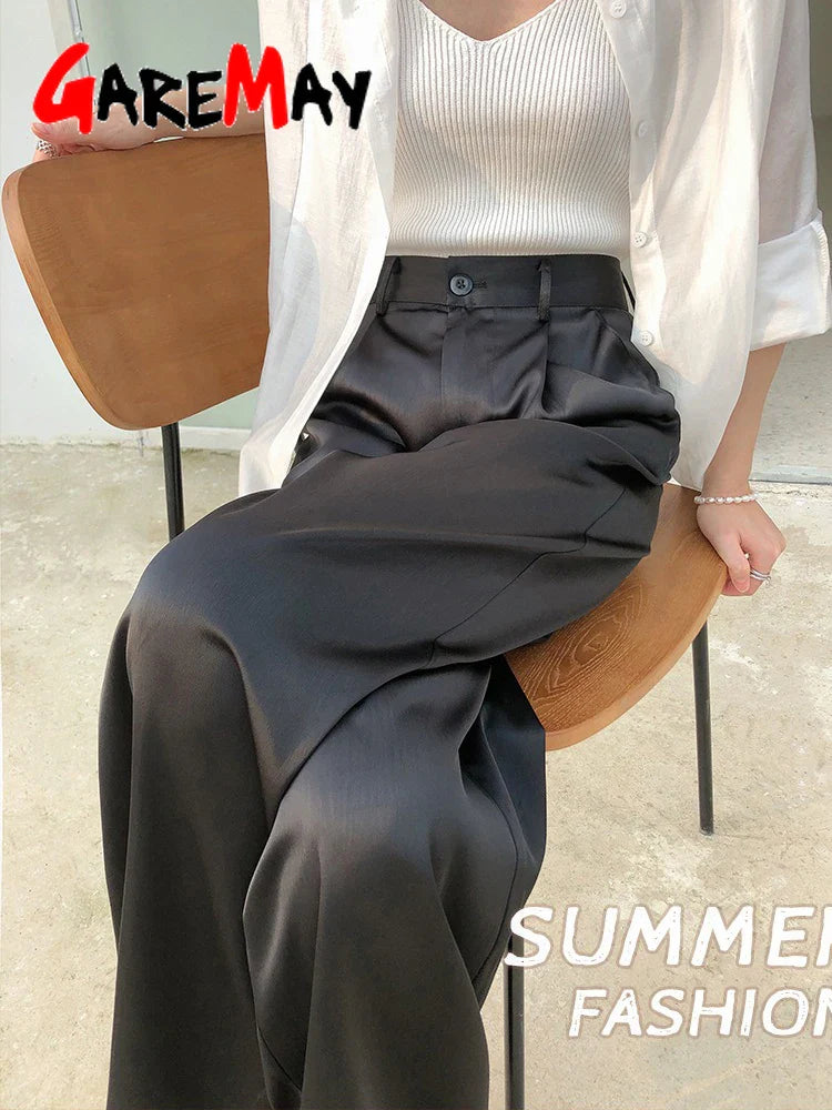 Garemay Summer Autumn Women's Pants Loose Solid Classic Black Straight High Waist Casual Silk Satin Wide Leg Trousers for Women