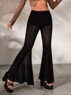 European And American Pant Legs Wooden Ear Edge Mesh Milled Bell Bottoms Black Slim Pants High Stretch Solid Color Bell Bottoms