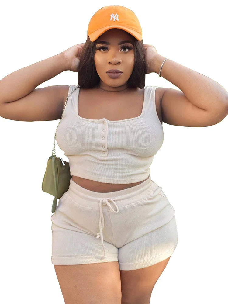 Curve Plus Size Women 2piece Sets Solid Color Ribbed Knit Outfits Summer Casual Sexy Shorts T-shirt Set Wholesale Dropshipping
