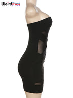 Weird Puss Party Strapless Dress Women Patchwork Mesh Summer Trend Sleeveless Midnight Sexy Hip Mini Bodycon Skinny Clubwear