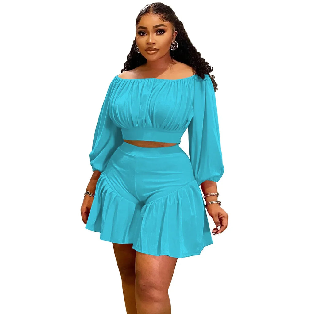 CM.YAYA Plus Size Women's Set Long Sleeve Slash Neck T-Shirt and Shorts 2025 Summer Ruched Two 2 Piece Set Outfits Tracksuit