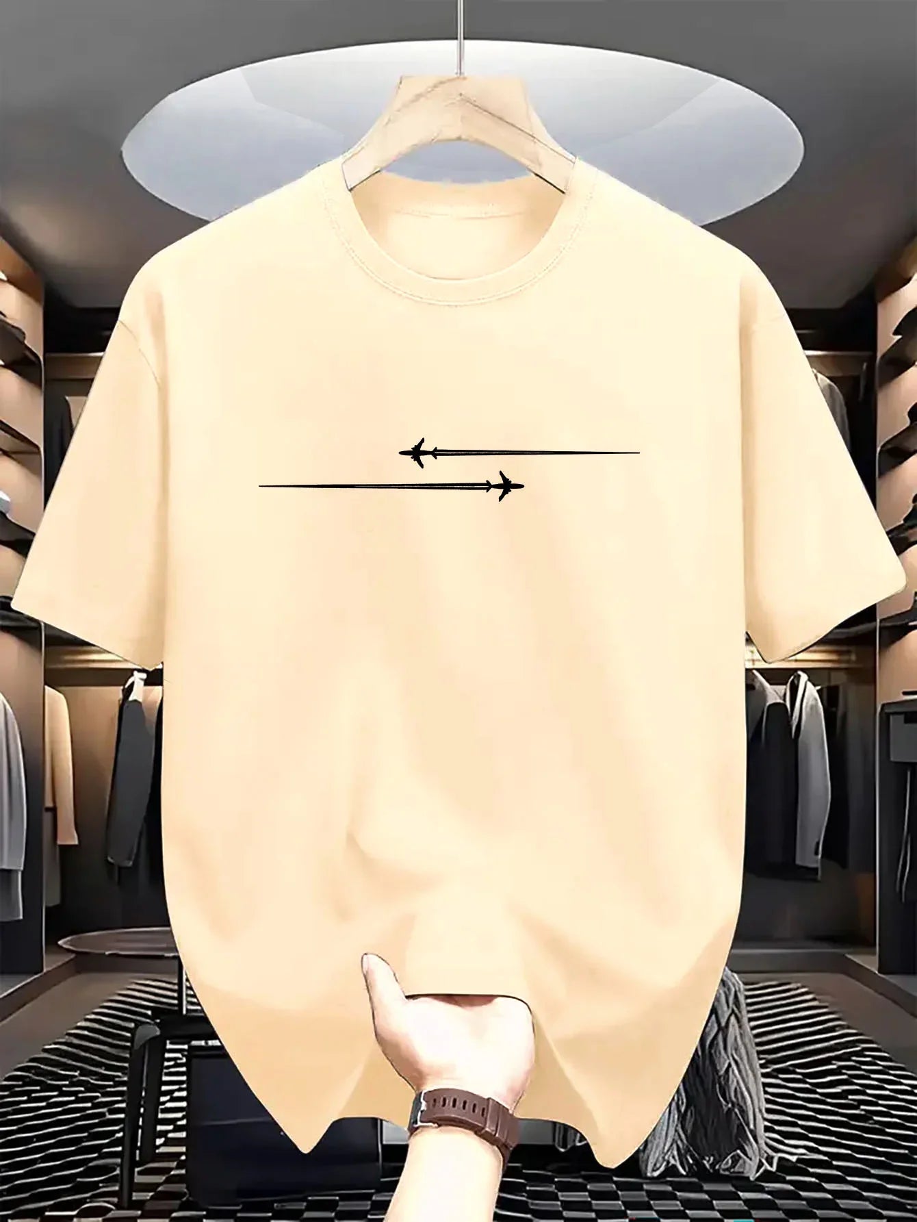 Summer Men's 100% Cotton Casual Loose Large Creative Airplane Pattern Printed Comfortable Sports Round Neck Short Sleeve T-shirt