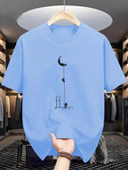 Summer men's 100% pure cotton casual loose fit plus size moon landing pattern printed round neck short sleeved T-shirt top
