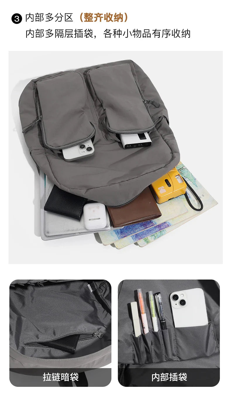 Water - resistant double - shoulder backpack. It has a large capacity, is lightweight and casual. Made of wrinkled and washed ny