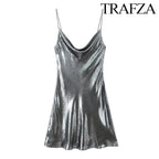 TRAF Women's Metallic Colour Glitter Dress Sexy Backless Sleeveless Spaghetti Strap Dresses Party Bar Sleeveless Short Dresses