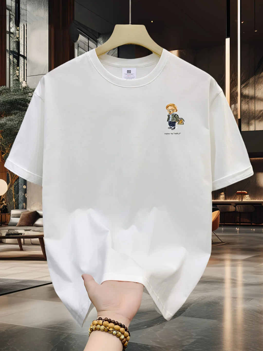 Men's 100% pure cotton summer loose size cartoon pattern printed casual and comfortable round neck short sleeved T-shirt top