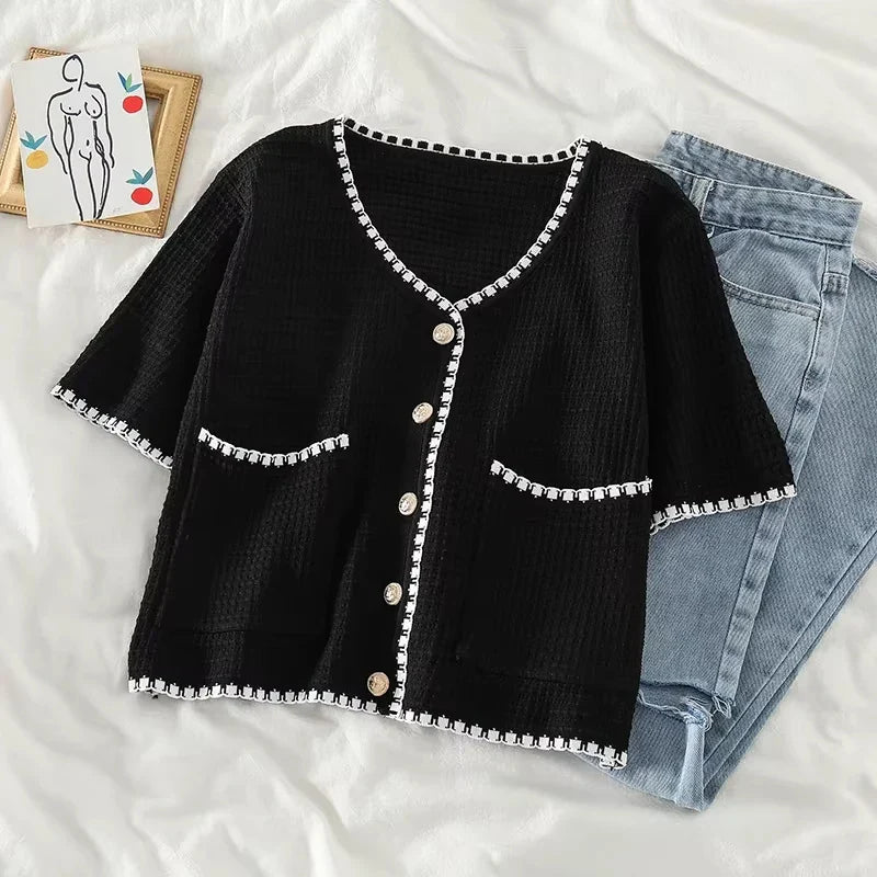 Summer Women New Solid V-Neck Casual Crop Top Single-breasted Pocket Patchwork Cardigan Versatile Loose Short Sleeve Shirts 2025