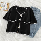 Summer Women New Solid V-Neck Casual Crop Top Single-breasted Pocket Patchwork Cardigan Versatile Loose Short Sleeve Shirts 2025