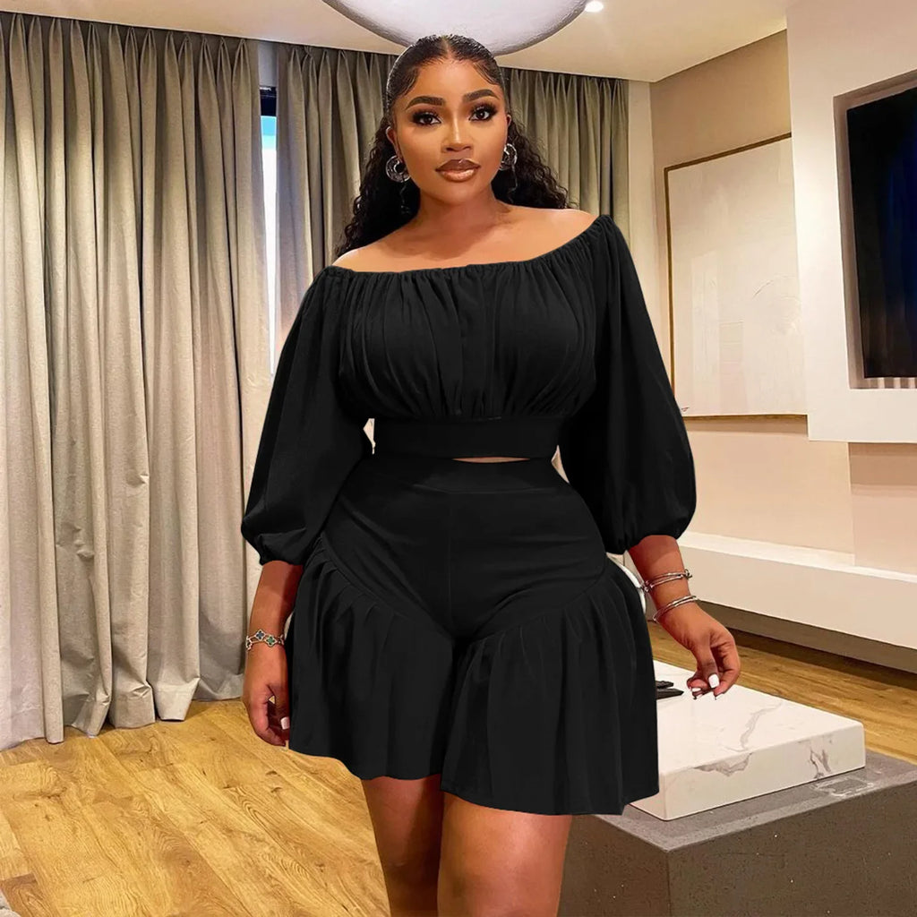 CM.YAYA Plus Size Women's Set Long Sleeve Slash Neck T-Shirt and Shorts 2025 Summer Ruched Two 2 Piece Set Outfits Tracksuit