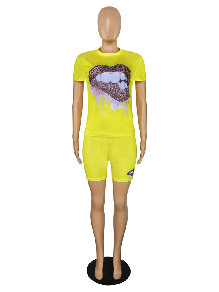 Wmstar Plus Size Two Piece Outfits for Women Tracksuit Shorts Sets  Lip Print Top Casual New In Matching Wholesale Dropshipping