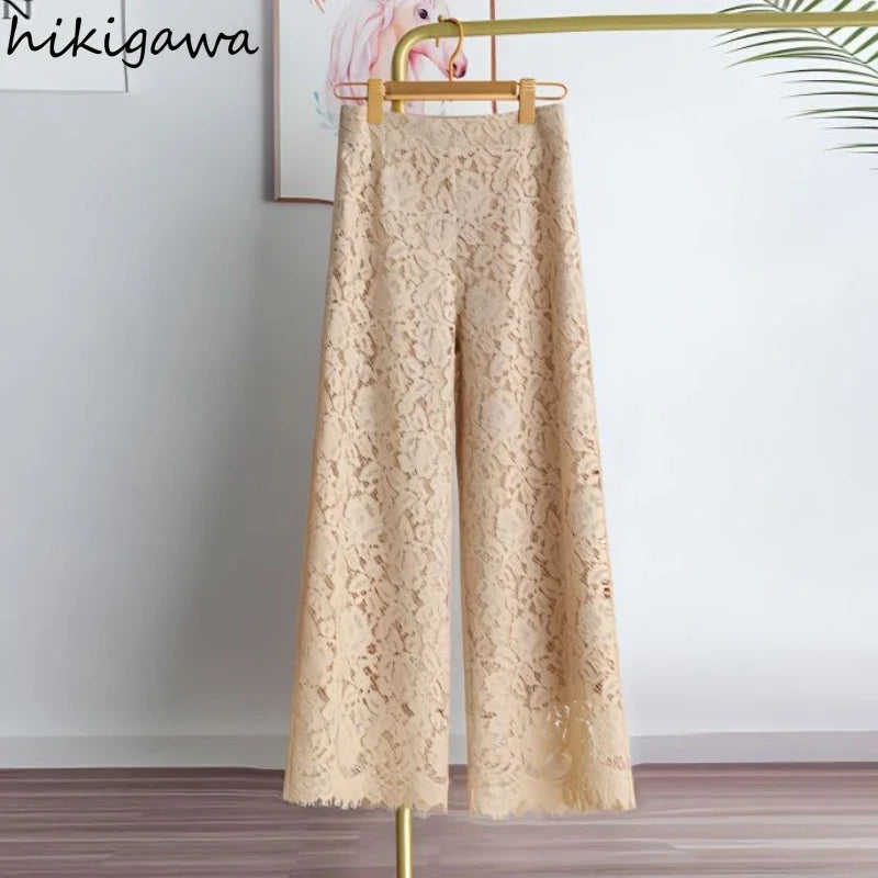 Lace Wide Leg Pants for Women 2025 New Bottoms Loose Straight Trousers High Waist Solid Color Temperament Summer Pantalon Femme